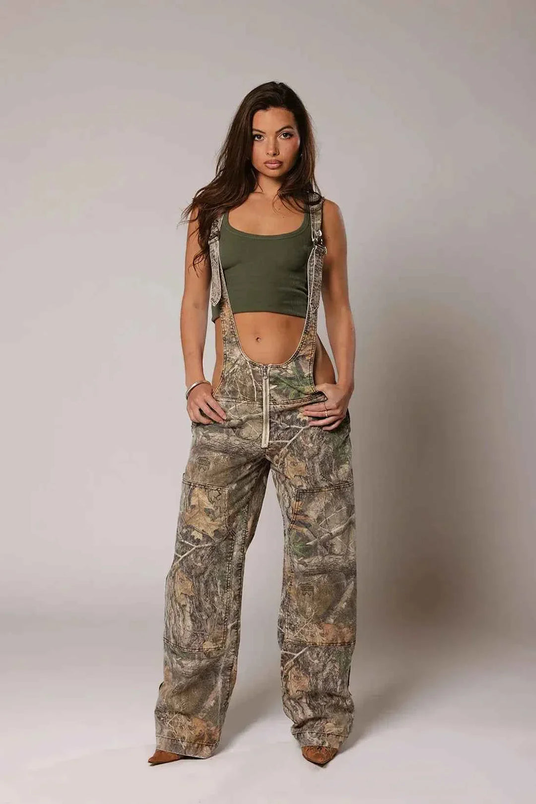 Camouflage Denim Overalls With Deep V Neck For Women-MODAUTLET
