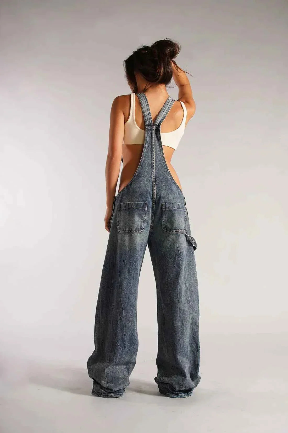 Camouflage Denim Overalls With Deep V Neck For Women