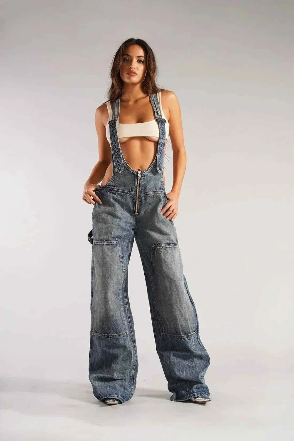 Camouflage Denim Overalls With Deep V Neck For Women-MODAUTLET