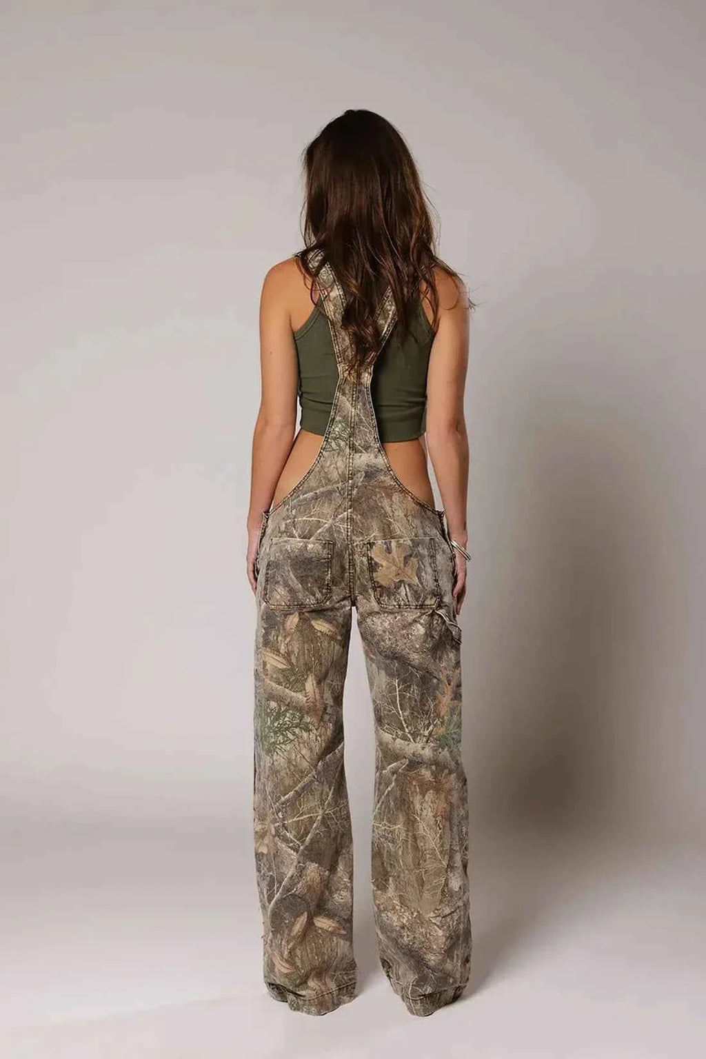 Camouflage Denim Overalls With Deep V Neck For Women