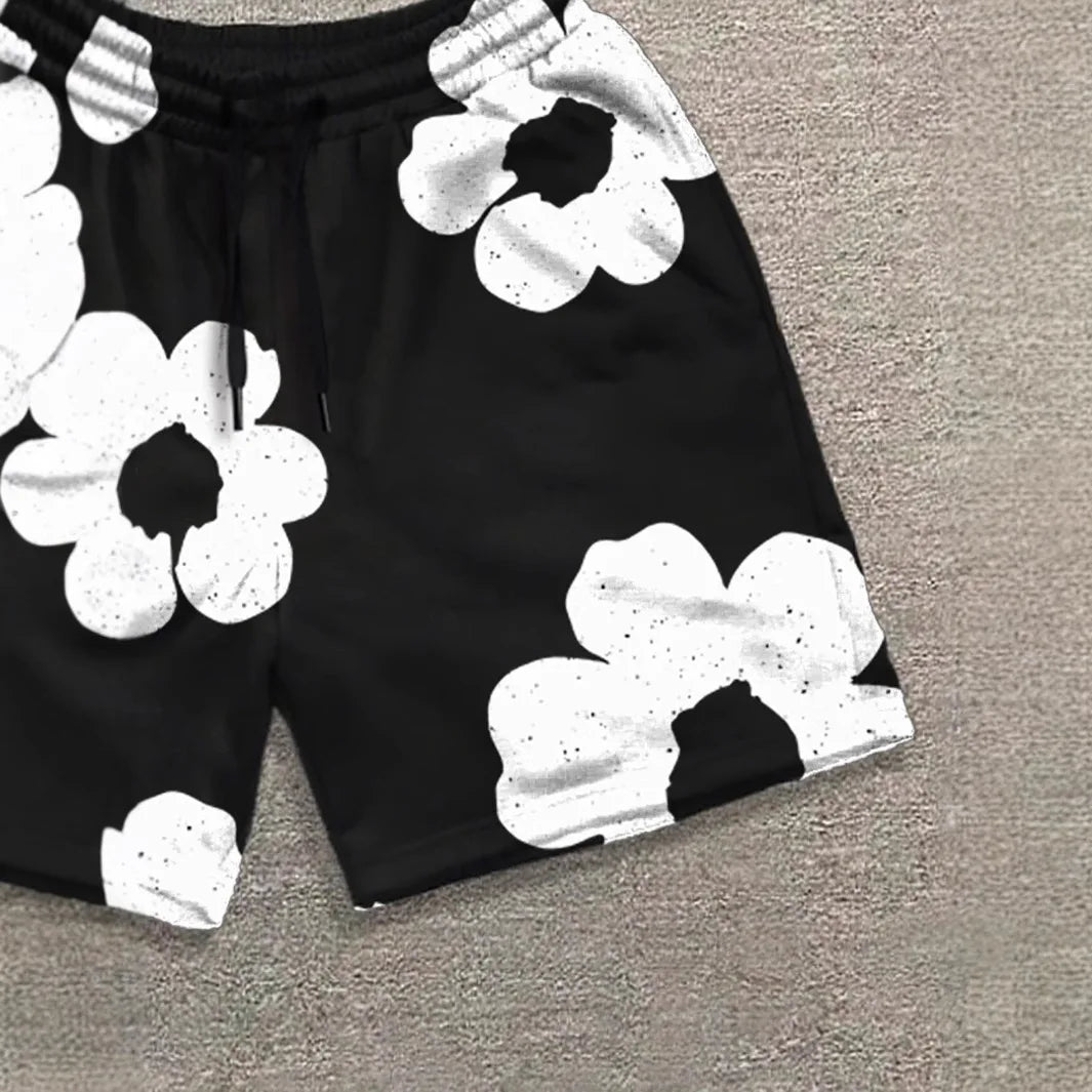 Men's Casual Sports Printed Summer Shorts - Black & White Floral