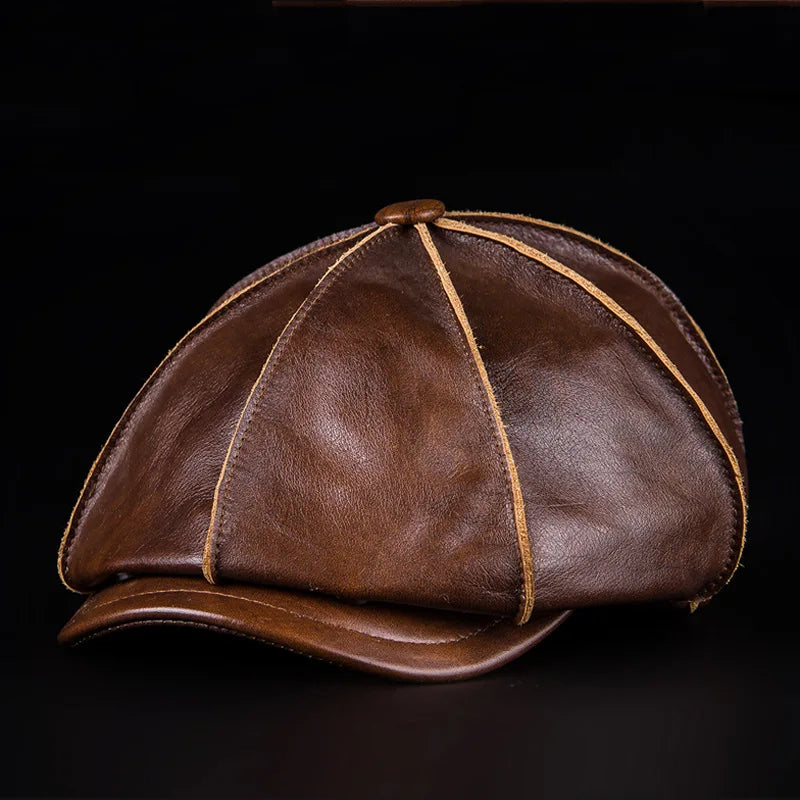 Authentic Cowhide Leather Octagonal Cap – Warm & Adjustable for Men Yellowish brown