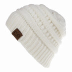 Cozy Stretch Knit Messy Bun Beanie White