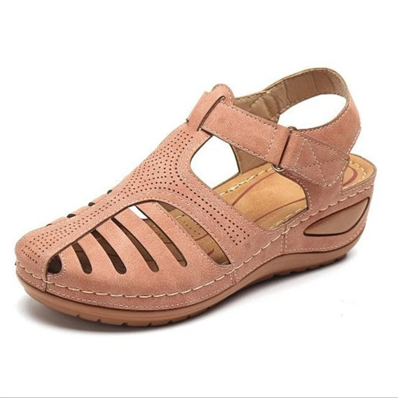 Women's Vintage Orthopedic PU Leather Sandals for Summer Pink