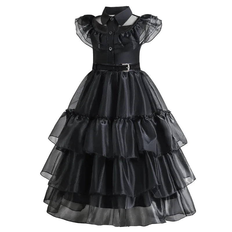 Halloween's Black Layered Cake Gown for Girls with Mesh Details
