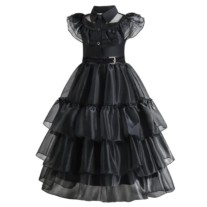 Halloween's Black Layered Cake Gown for Girls with Mesh Details