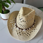 Bohemian Straw Cowboy Hat with Wooden Beads – Perfect for Sun Protection light khaki shell M (56-58cm)