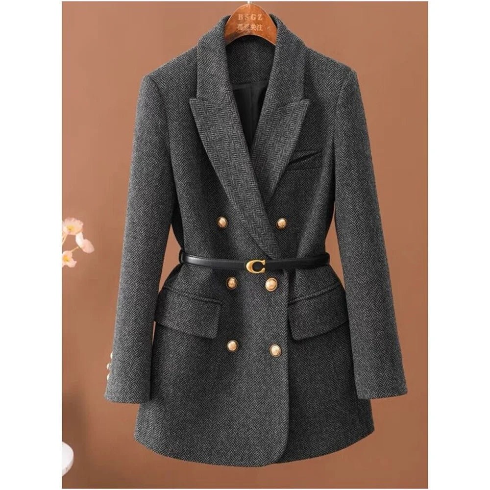 Vintage Wool Blazer with Belt-MODAUTLET