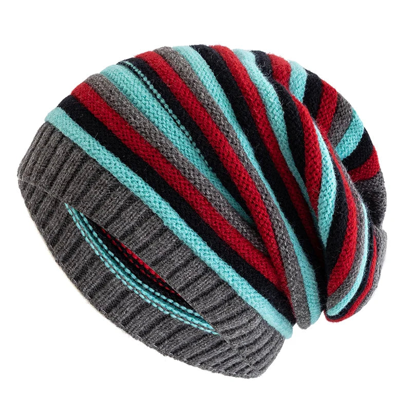Striped Knitted Slouchy Winter Beanie for Women Grey 55cm-60cm