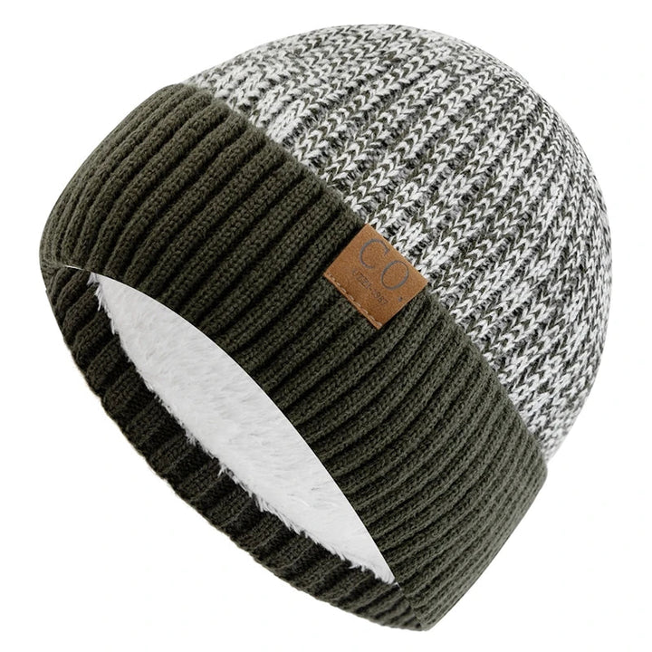 Unisex Two-Tone Knit Beanie with Fur Lining-MODAUTLET