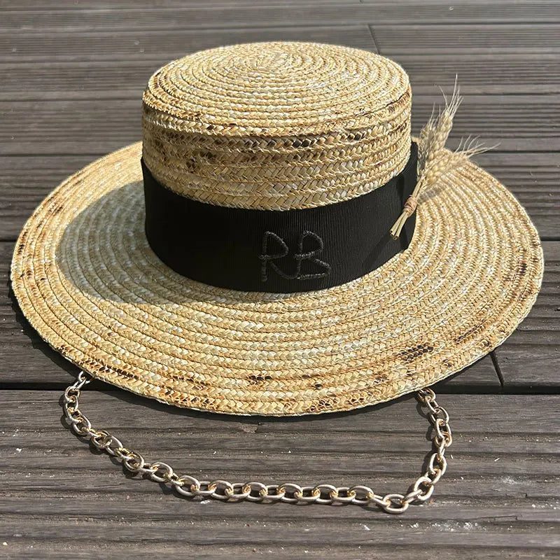 Elegant Handmade Straw Sun Hat With Metal Chain For Women style 6 54-58cm