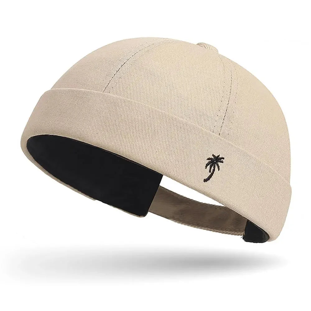 Vintage Washed Cotton Brimless Beanie Hat with Embroidered Coconut Tree – Unisex Adjustable Beige 56-60 cm