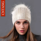 Chunky Knit Women's Hat with Genuine Fur Pom Pom White White Pompom