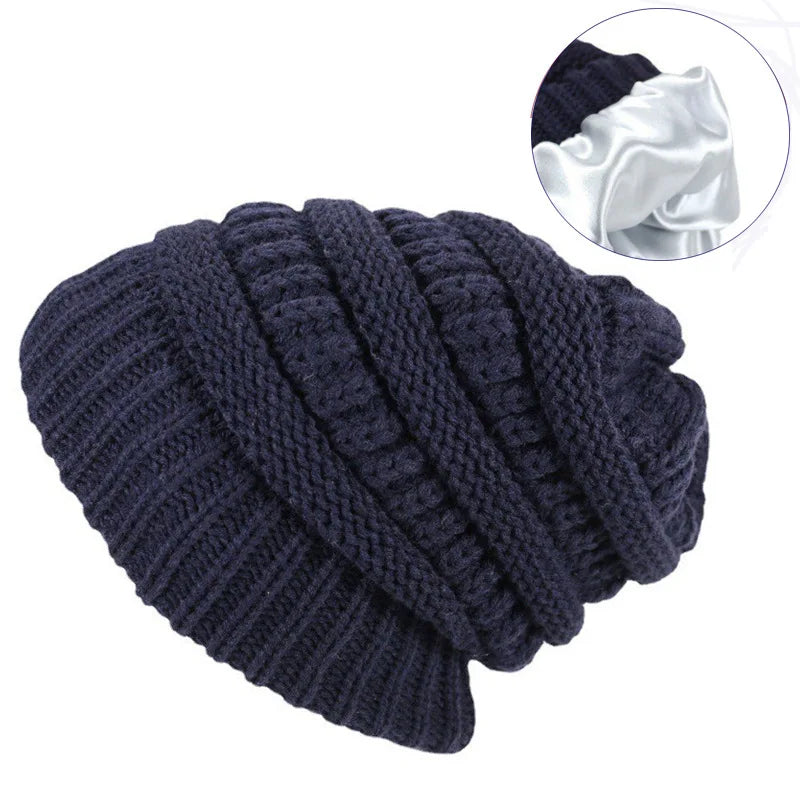 Cozy Satin-Lined Knit Beanie Hat Blue One Size