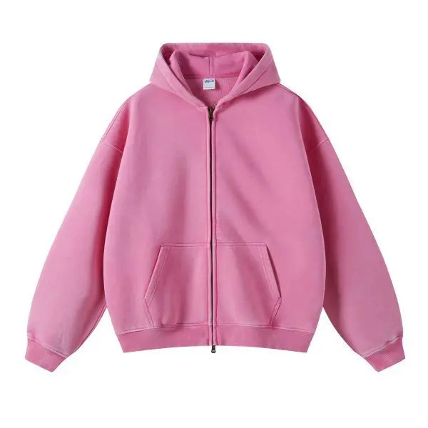 Luxury Batik‑Wash Full‑Zip Street Hoodie Pink
