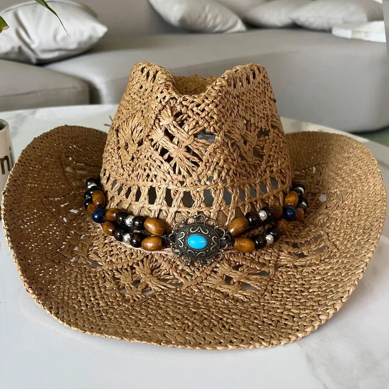 Bohemian Straw Cowboy Hat with Wooden Beads – Perfect for Sun Protection