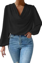 Womens Softly Draped Neckline Blouse Black