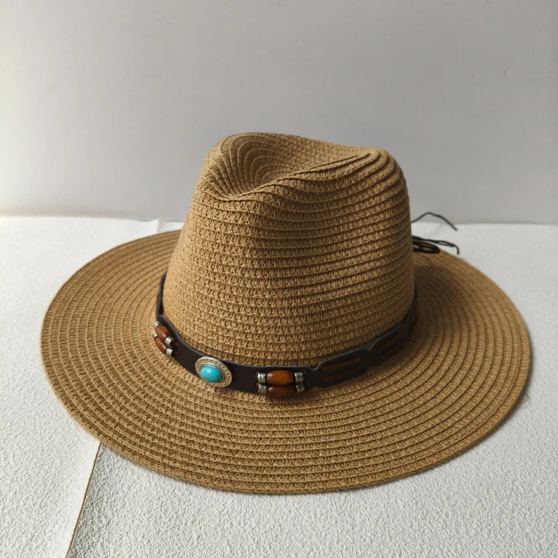 Bohemian Straw Cowboy Hat with Wooden Beads – Perfect for Sun Protection khaki 4 M (56-58cm)