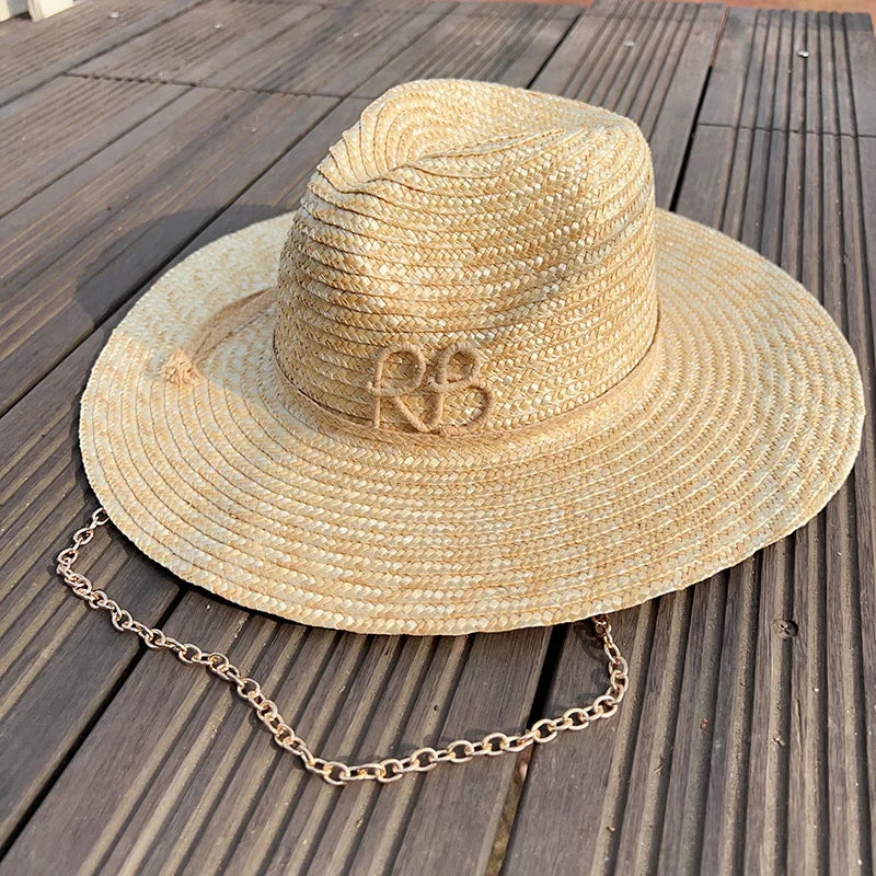 Elegant Handmade Straw Sun Hat With Metal Chain For Women style 2 54-58cm