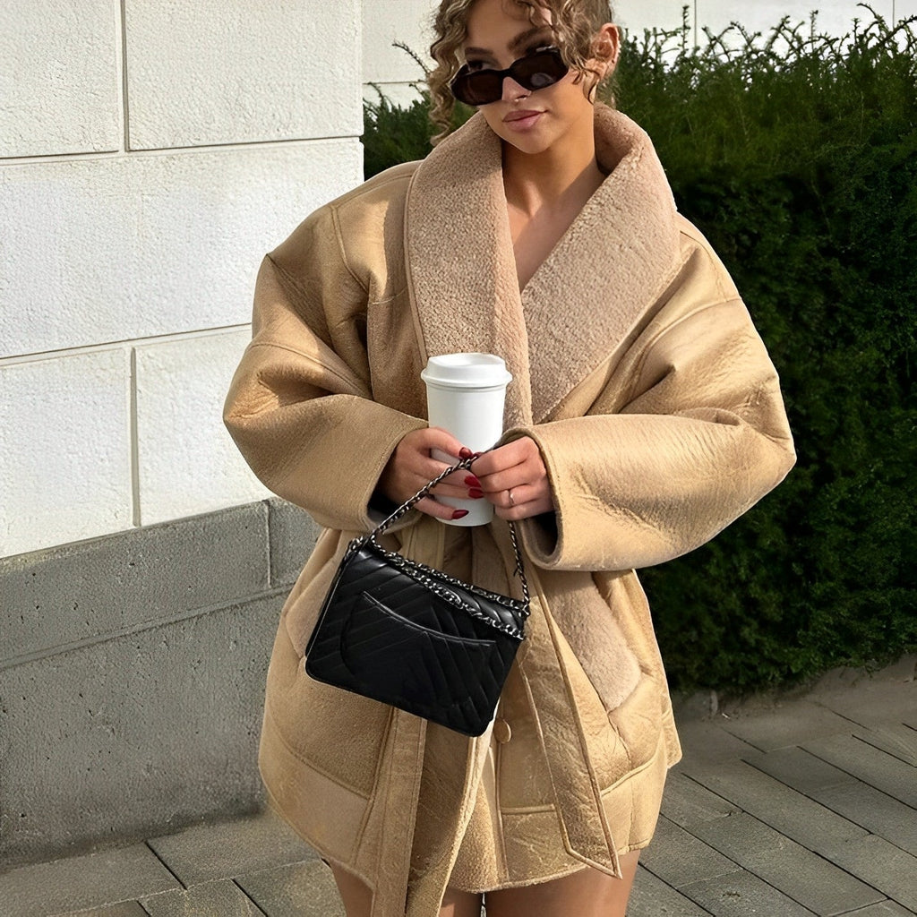 Warm Lambswool Leather Jacket For Women Fur Lined Winter