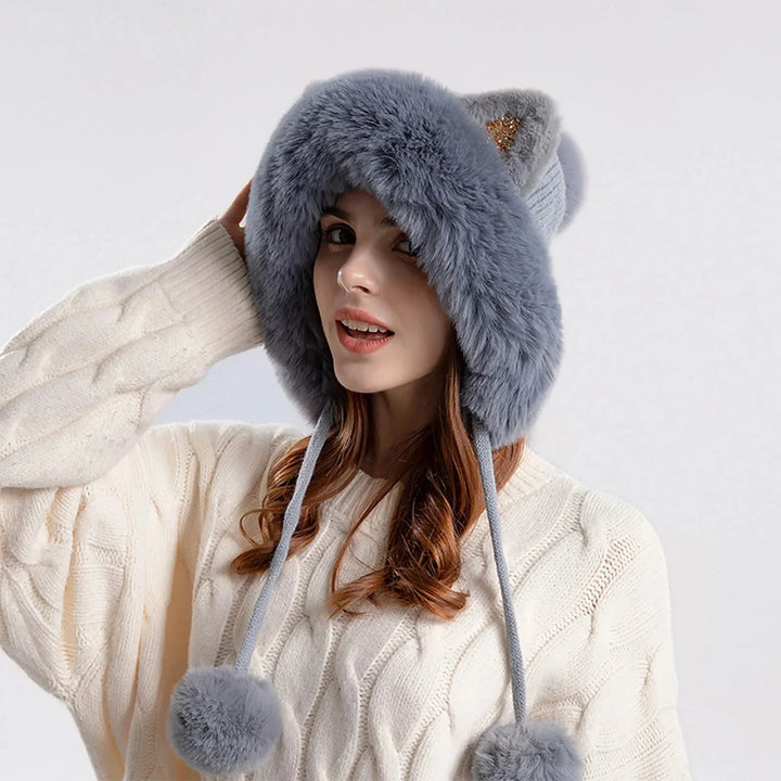 Cat Ear Pom-Pom Ear Flap Trapper Hat for Women – Cozy Winter Warmth-MODAUTLET