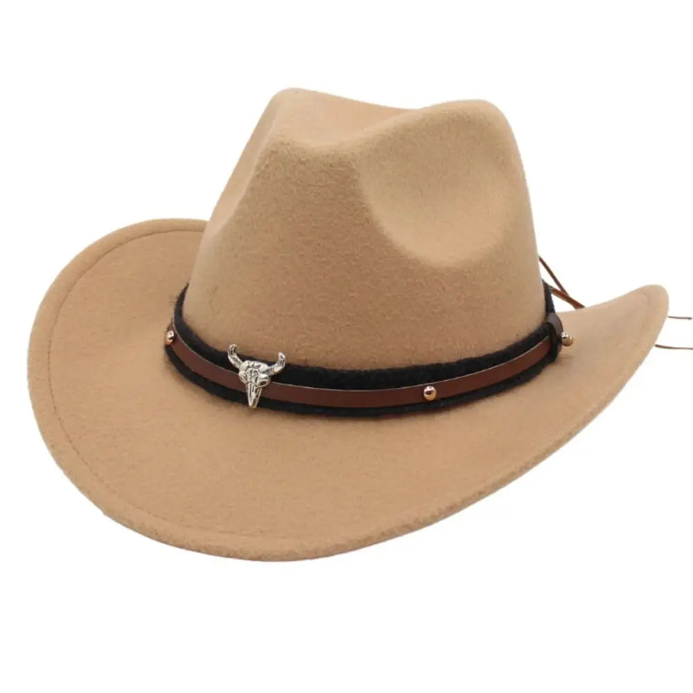 Western Cowboy Hat – Jazz Knight Felt Hat with Bull Décor Light tan