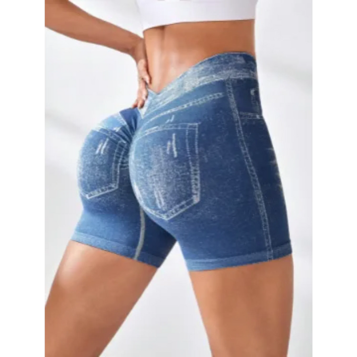 Women's V Back Faux Jeans Workout Shorts for Fitness and Yoga