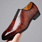 Men's Slip-On Leather Loafers - Stone Pattern Dark Brown