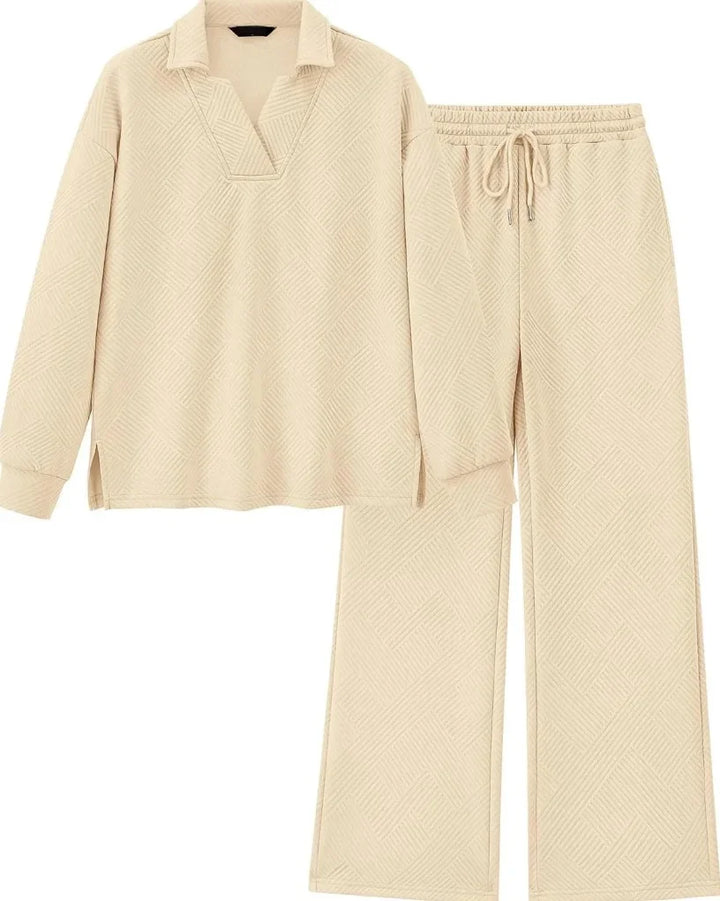 Mireya Textured V‑Neck Lounge Two‑Piece Set-MODAUTLET
