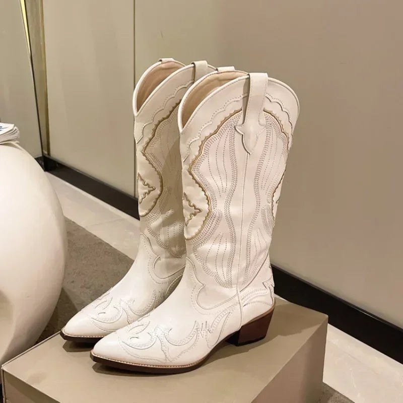 Vintage Square Toe Embroidered Western Cowboy Boots with Side Zipper-MODAUTLET