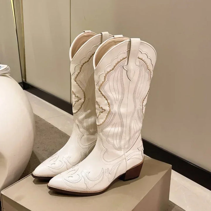 Vintage Square Toe Embroidered Western Cowboy Boots with Side Zipper-MODAUTLET