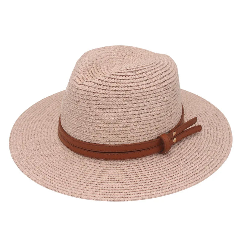Breathable Straw Panama Sun Hat With Wide Brim Protection Meat pink