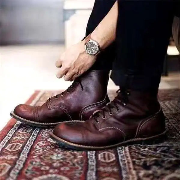 Mens Leather Lace Up Ankle Boots Durable Everyday Wear Coffee