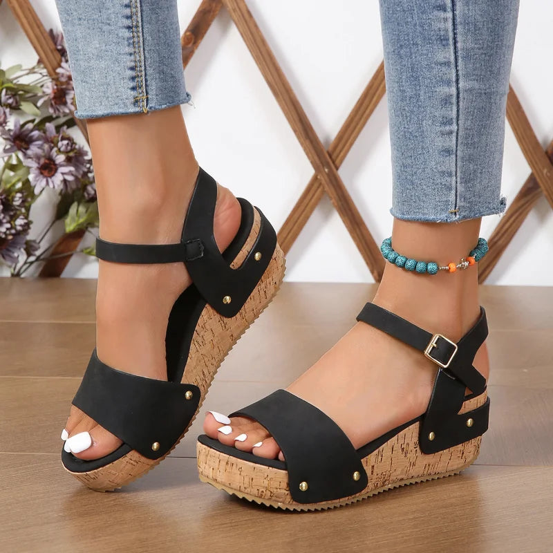 Women's Buckle Platform Wedge Sandals Black
