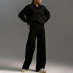 Women's Cozy Relaxed Fit V-Neck Sweater and Wide-Leg Pants Set Black