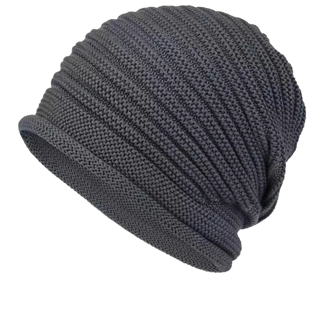 Unisex Autumn Winter Knitted Wool Roll-Brim Beanie Dark Grey