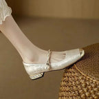 Women's Silk-Textured Low Heel Pearl Pumps Beige