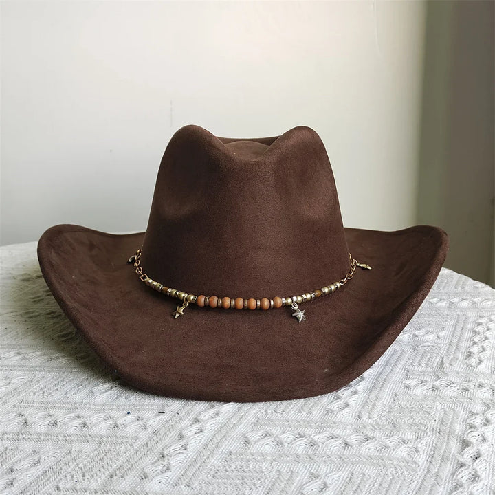 Adjustable Suede Wide-Brim Cowboy Fedora Hat-MODAUTLET