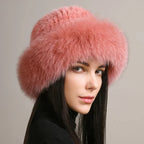 Mink Fur Hat With Knitted Base For Luxurious Warmth Rose Elastic(54-62cm)