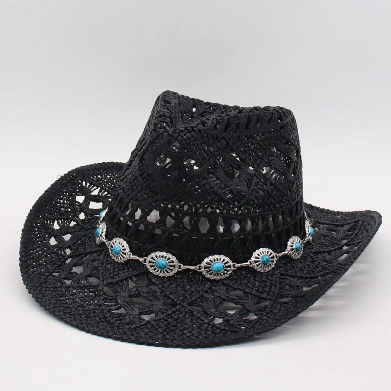 Bohemian Straw Cowboy Hat with Wooden Beads – Perfect for Sun Protection black 5 M (56-58cm)