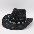 Bohemian Straw Cowboy Hat with Wooden Beads – Perfect for Sun Protection black 5 M (56-58cm)