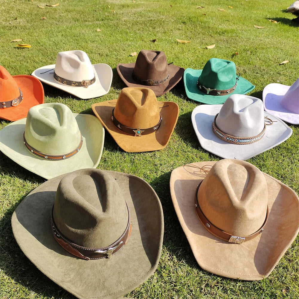 Adjustable Suede Wide-Brim Cowboy Fedora Hat-MODAUTLET