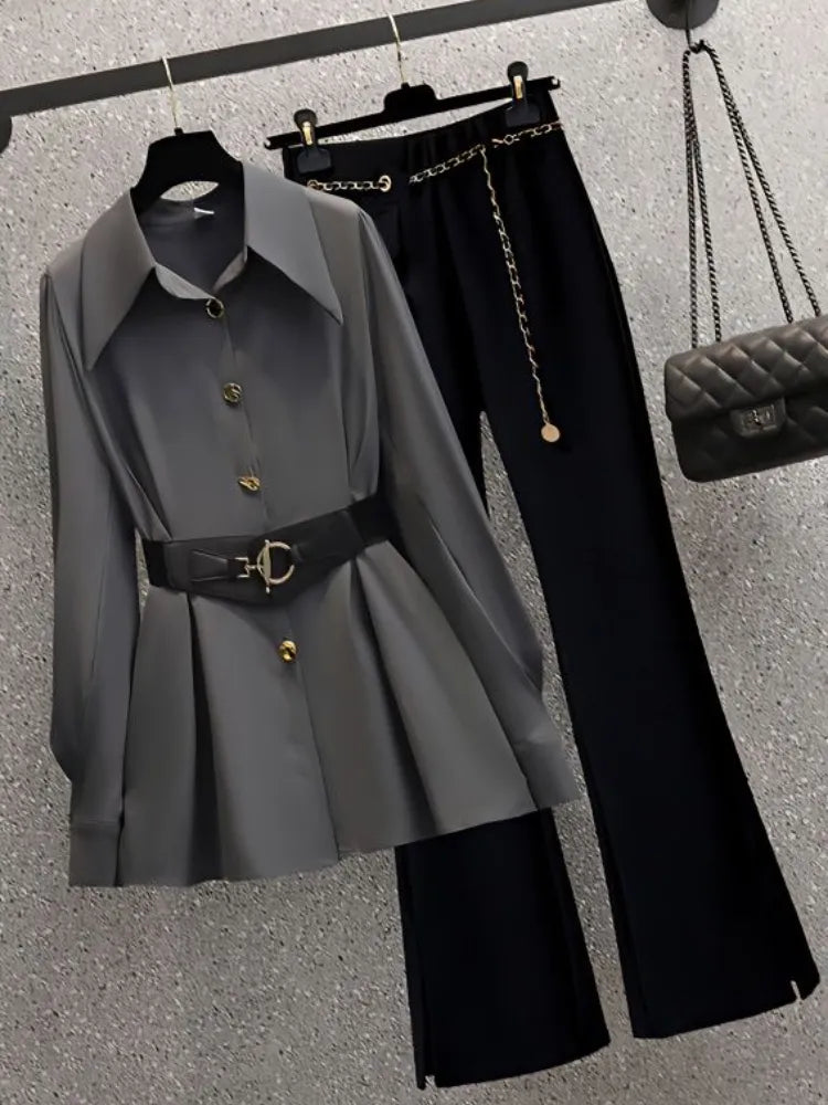 Chic Blazer & Pants Set Gray two-piece