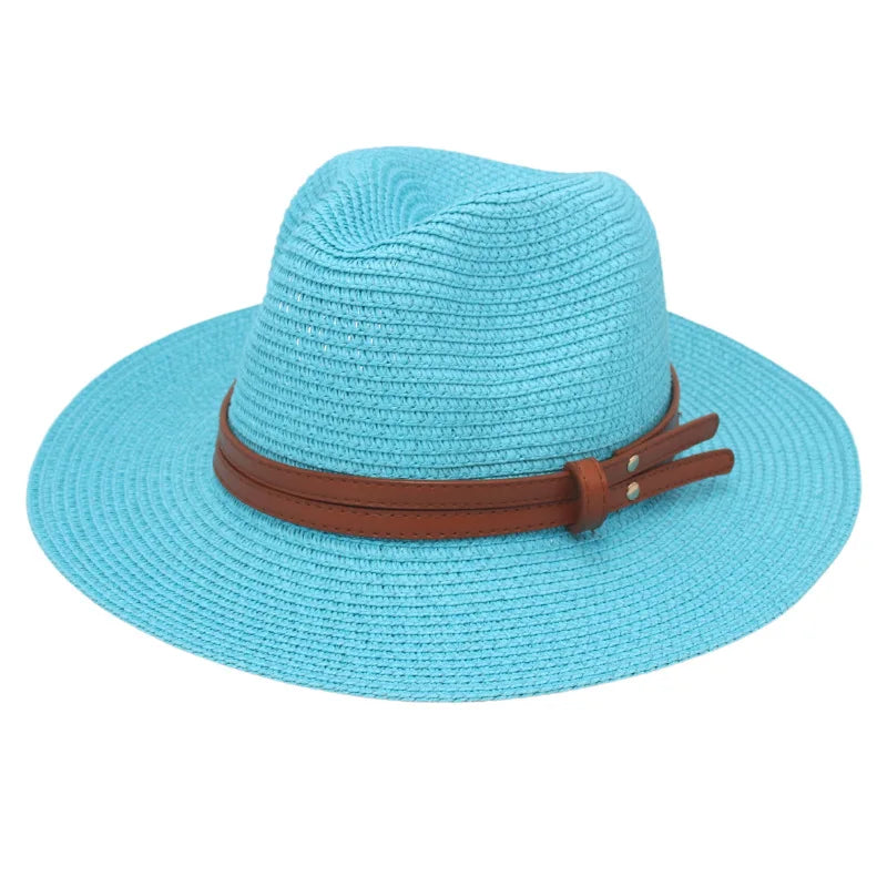 Breathable Straw Panama Sun Hat With Wide Brim Protection Lake Blue