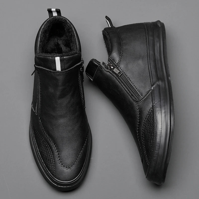 Men's Plush-Lined Non-Slip Leather Sneakers-MODAUTLET
