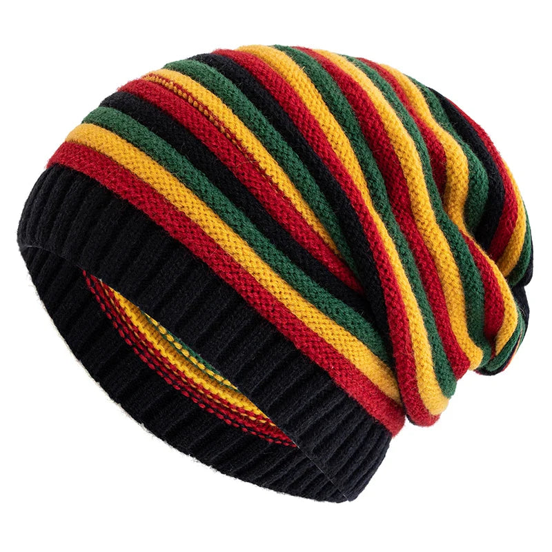 Striped Knitted Slouchy Winter Beanie for Women Black 55cm-60cm