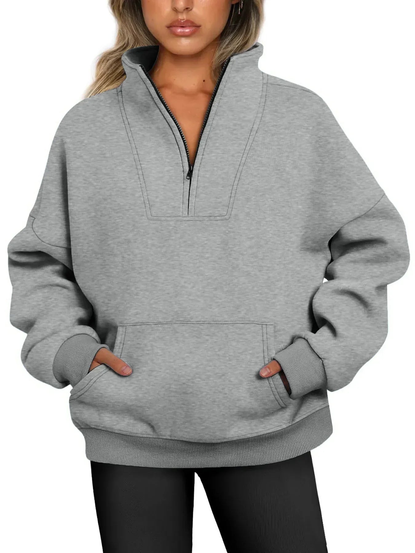 Women's Cozy Quarter-Zip Pullover Sweatshirt Light Gray
