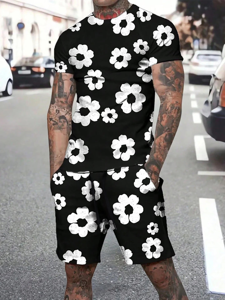 Conjunto de pantalones cortos de verano para hombre con estampado floral en blanco y negro