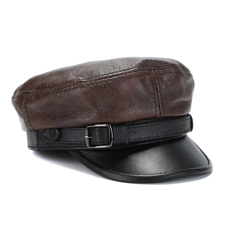 Adjustable Black Luxury Genuine Leather Military Cap - Unisex Brown Black