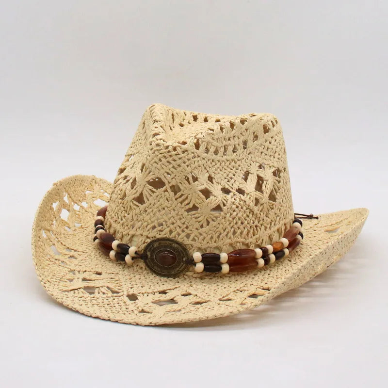 Bohemian Straw Cowboy Hat with Wooden Beads – Perfect for Sun Protection-MODAUTLET